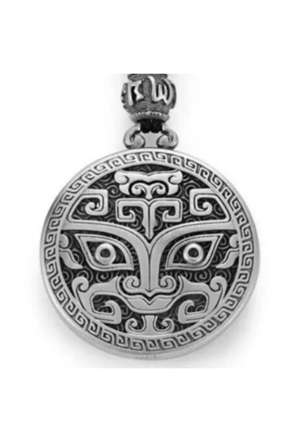 S990 Silver Taotie Divine Beast Necklace Domineering Retro Round Plaque