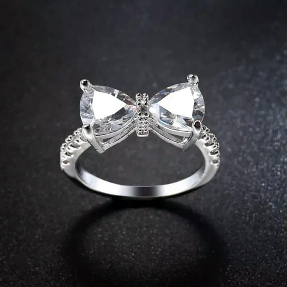 GKNET Shiny Crystal Zircon 925 Silver Bow Rings Women Fashion Silver Rings-10#