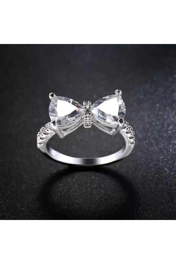 Shiny Crystal Zircon 925 Silver Bow Rings Women Fashion Silver Rings-8#