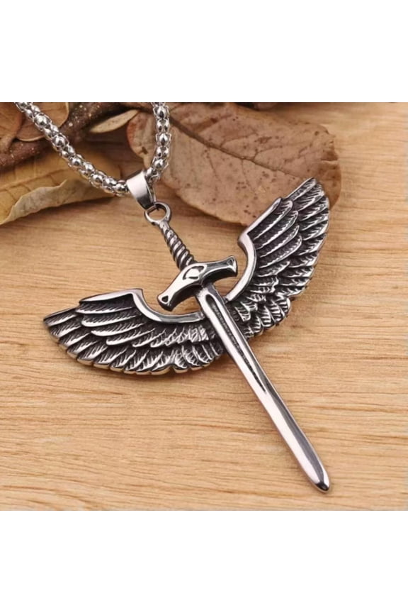 Silver Angel Wings Sword Cross Pendant Necklace Chain Men's Protection Jewelry