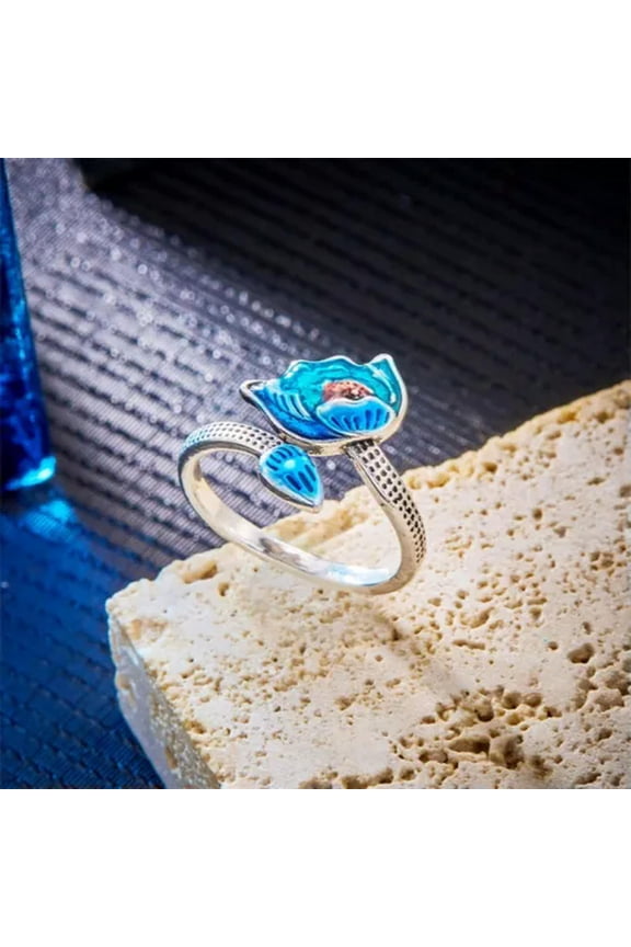 Silver Blue Lotus Flower Adjustable Opening Finger Ring Buddhism Jewelry-Y0465-1