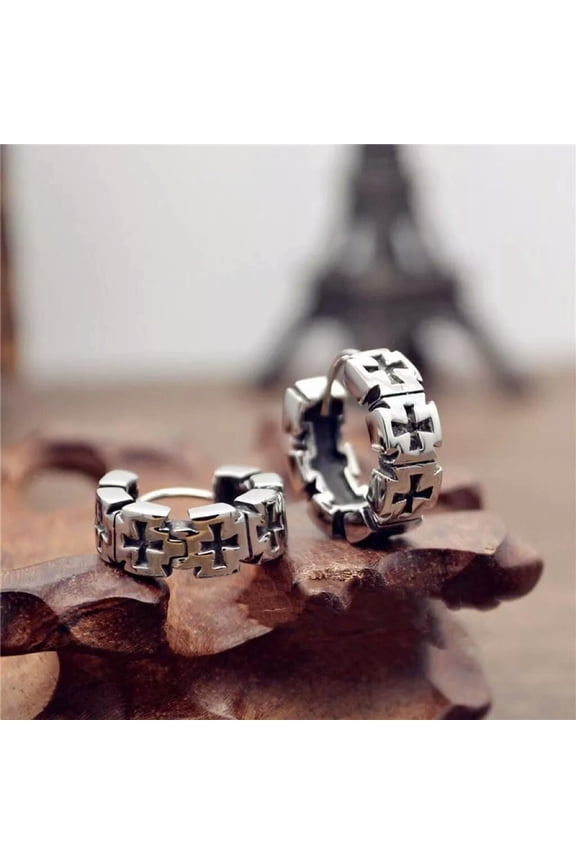 Mens Unisex Punk Silver Cross Huggie Hoop Earrings Rock Delicate Jewelry Stainless Steel