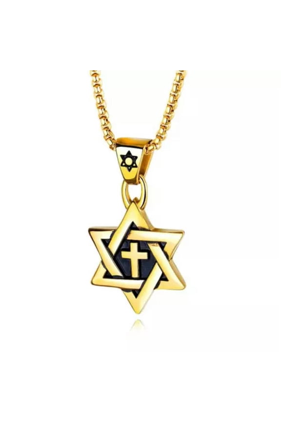 Silver Gold Black Jewish Star of David Cross Pendant Necklace Punk Biker Jewelry-Gold