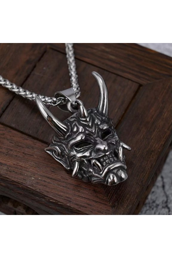 Silver Hannya Mask Pendant Necklace For Men Punk Retro Rock Delicate Jewelry Chain 24"