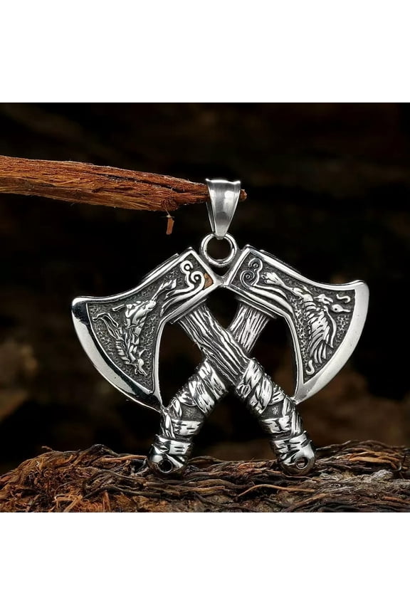 Silver Norse Viking Double Wolf Raven Axe Pendant Necklace Chain Men's Jewelry