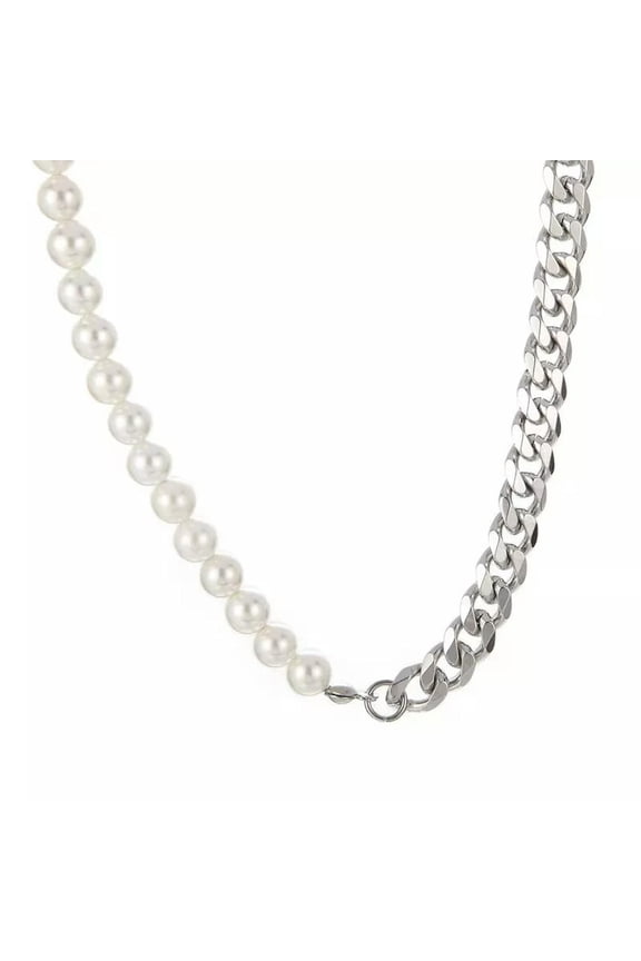 Silver Pearl Cuban Link Chain Necklace Punk Rock Biker Delicate Jewelry Stainless Steel