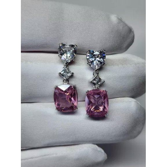 GKNET Silver Plated Stud Dangle Earrings With Cubic Zirconia Fashion Delicate Jewelry For Women-Pink