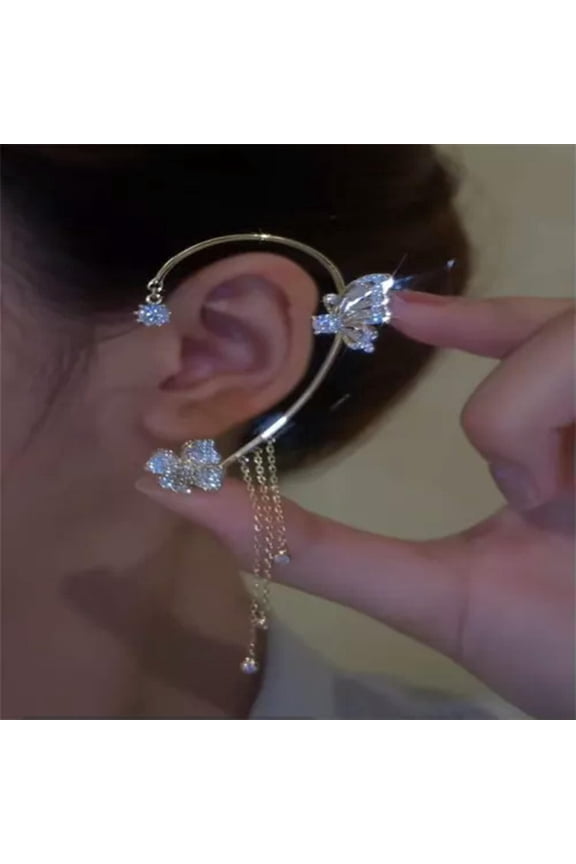 Silver Plated Zircon Leaf Ear Cuff Clip Non Piercing Wrap Earring Women Jewelry-1pc Gold Butterfly Left Ear