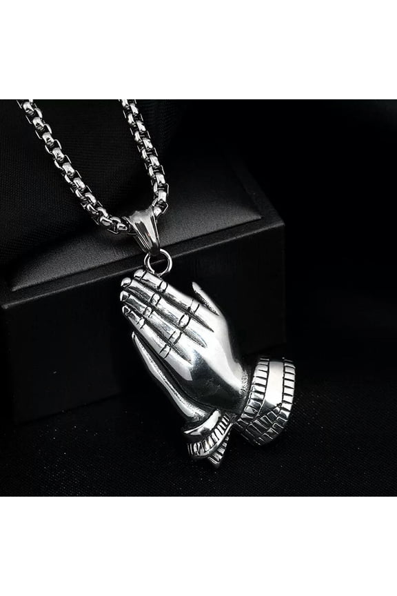 Silver Praying Hands Pendant Lord's Prayer Necklace Men's Delicate Jewelry Chain 24" Gift