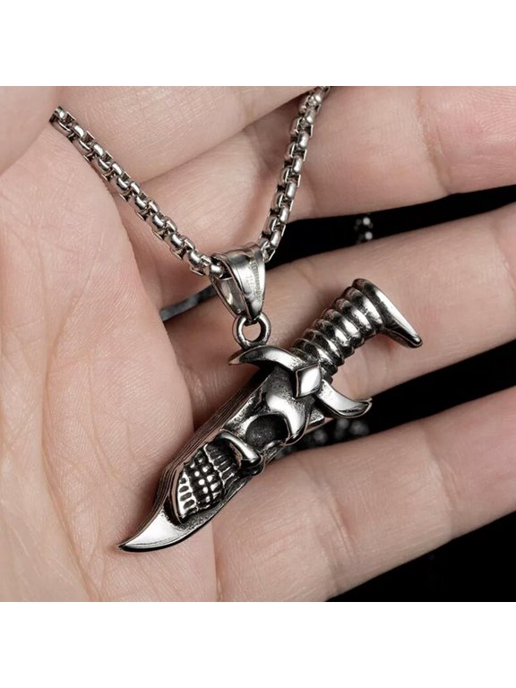 Silver Punk Retro Skull Dagger Sword Pendant Necklace Men's Delicate Jewelry Chain 24"