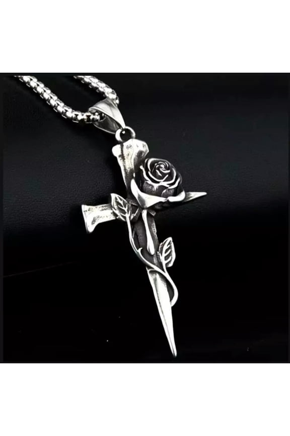 Silver Rose Cross Pendant Necklace Chain 22" Mens Womens Christian Delicate Jewelry Gift