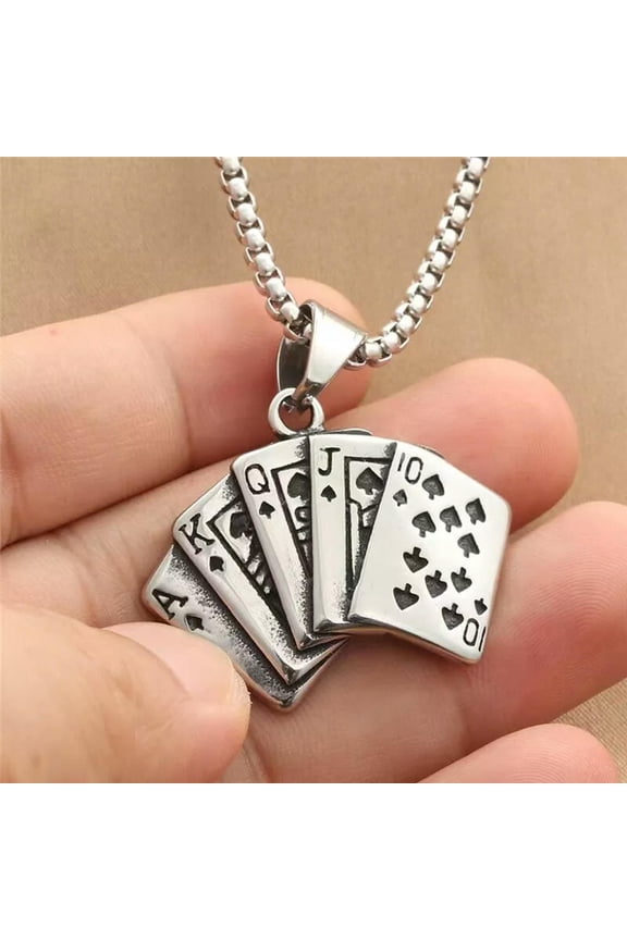 Silver Royal Flush Poker Card Pendant Necklace Men's Lucky Delicate Jewelry Chain 24"