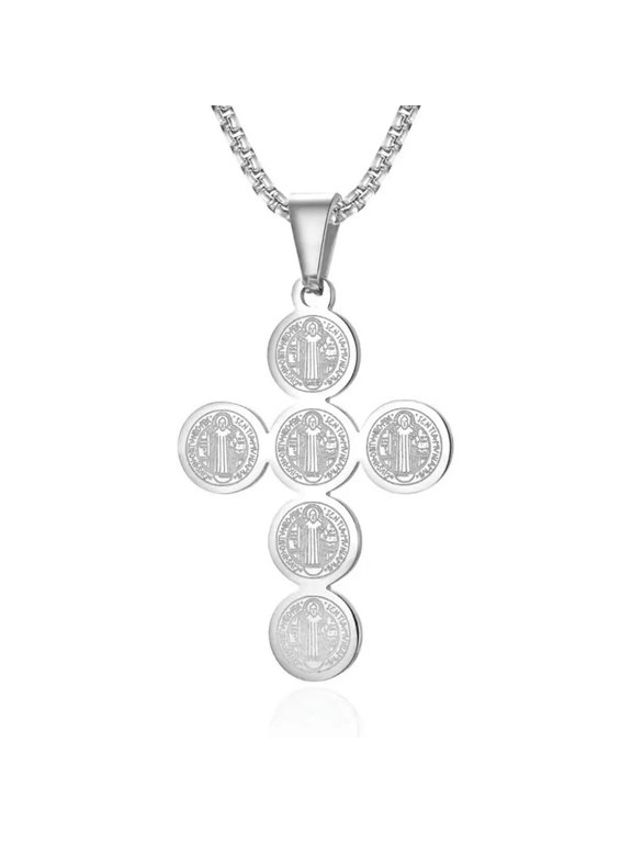 Silver Saint Benedict Medal Cross Pendant Protection Necklace Christian Jewelry