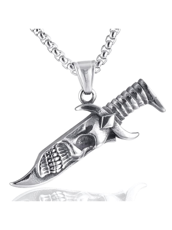 Silver Skull Dagger Sword Pendant Necklace Men's Punk Delicate Jewelry Chain 24" Gift