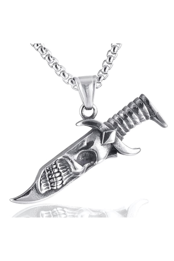 Silver Skull Dagger Sword Pendant Necklace Men's Punk Delicate Jewelry Chain 24" Gift