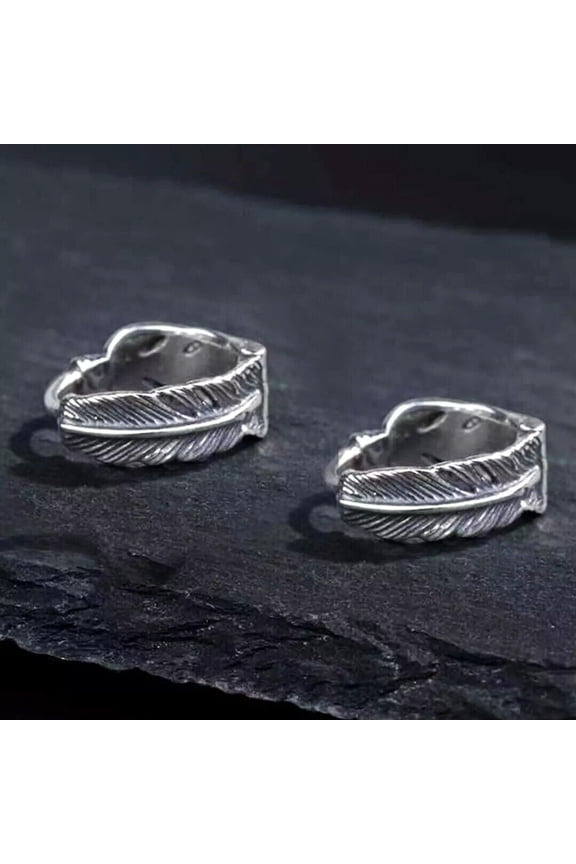 Silver Small Feather Hoop Earrings Men's Women's Surgical Steel Delicate Jewelry Gift