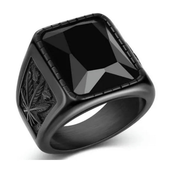 GKNET Simple Fashion Delicate Jewelry Mens Stainless Steel Maple Leaf Black and Red Onyx Ring-15-Black/Black
