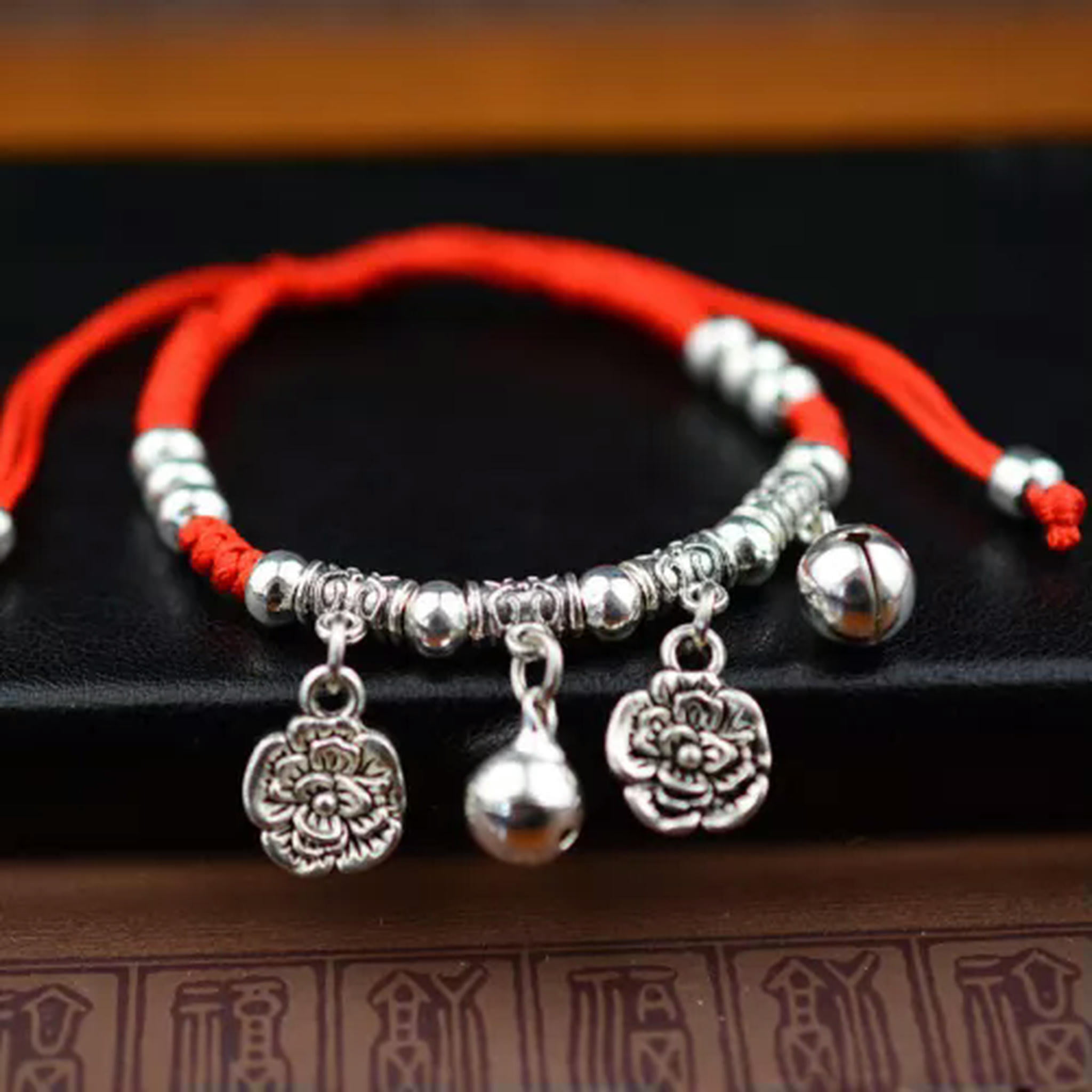 GKNET Simple Silver Retro Ethnic Style Anklet Female Beaded Red Rope ...