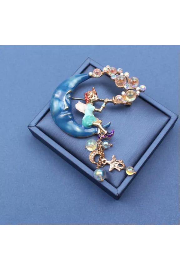 Sitting on the Moon Blowing Bubbles Fairy Brooch Enamel Pendant Pin-blue moon