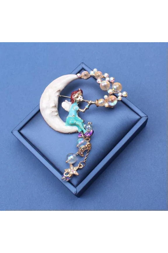 Sitting on the Moon Blowing Bubbles Fairy Brooch Enamel Pendant Pin-white moon