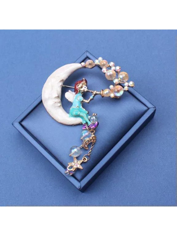Sitting on the Moon Blowing Bubbles Fairy Brooch Enamel Pendant Pin-white moon