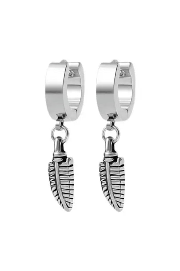 Small Feather Drop Dangle Hoop Earrings Surgical Steel Delicate Jewelry For Men Women-Silver