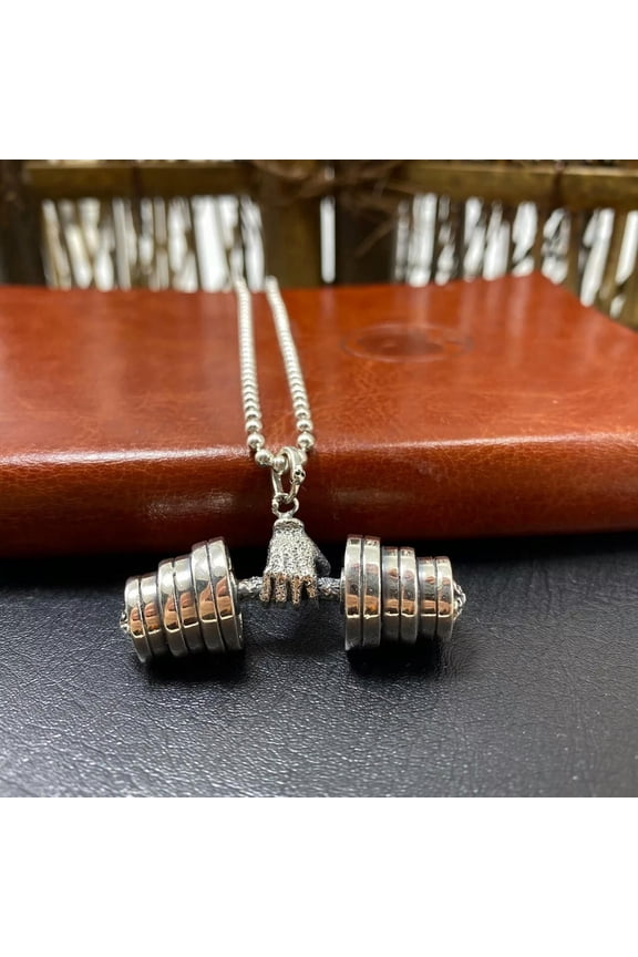 Solid 925 Sterling Silver Gym Dumbbell Fitness Barbell Necklace Pendant Charm