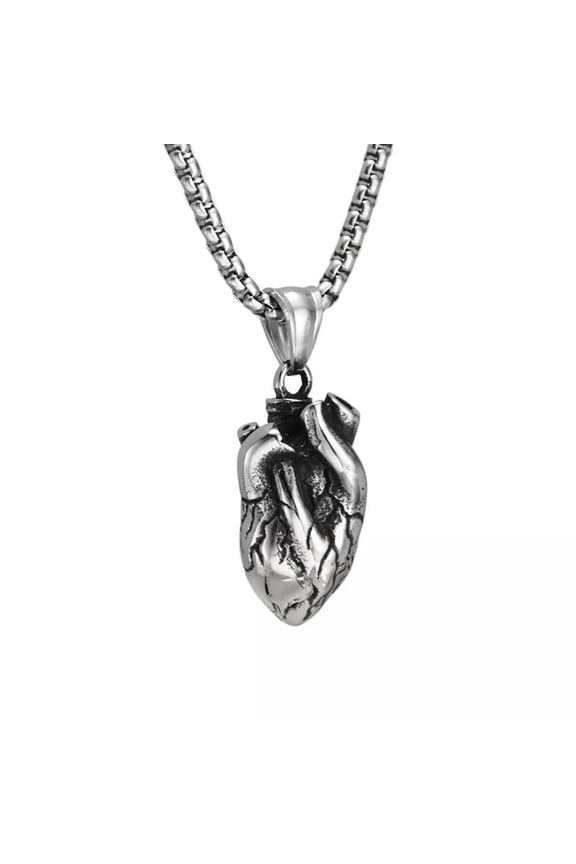 Solid Stainless Steel Mens Anatomical Real Human Heart Pendant Necklace-default