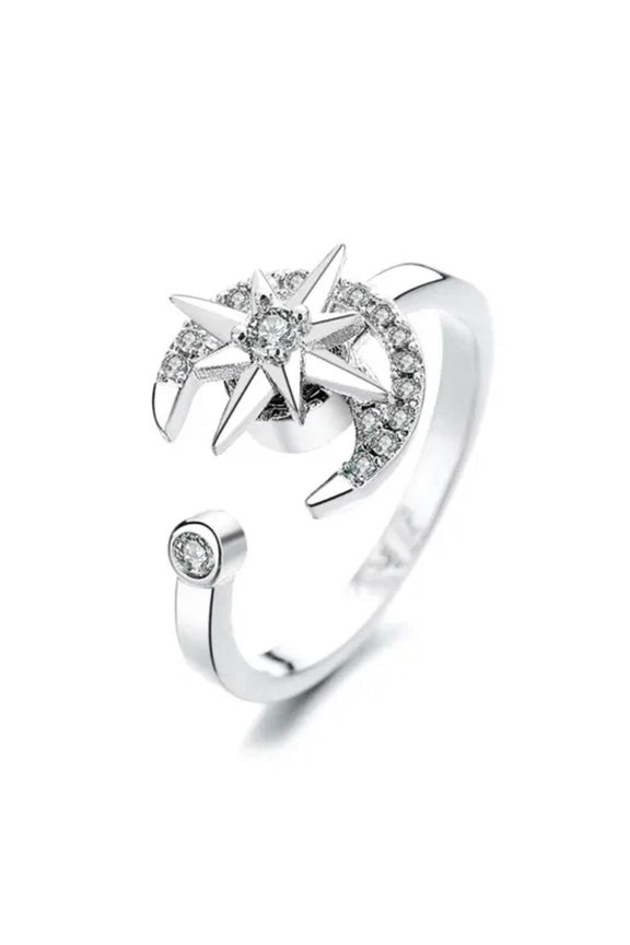 Spinner Fidget Anxiety Ring Women Adjustable Open Cubic Zirconia Flower Band Lot-20#star moon Spinner Ring-open size