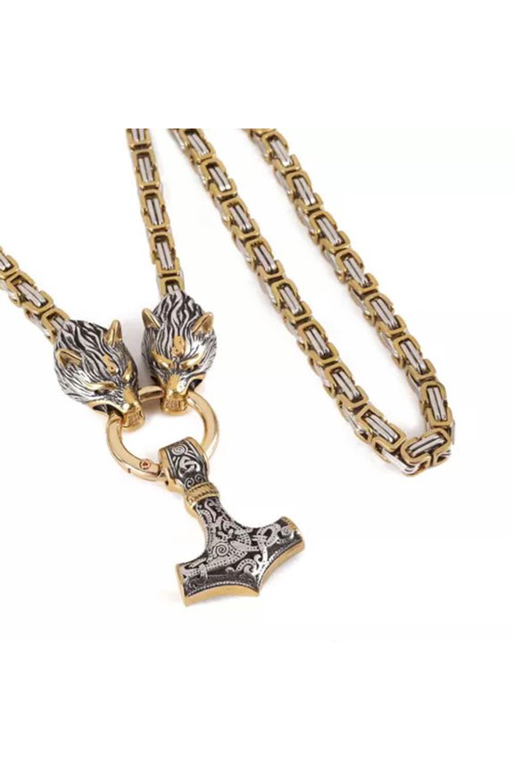 Stainless Steel 6mm Viking Wolf Head Thor's Hammer Pendant Byzantine Necklaces