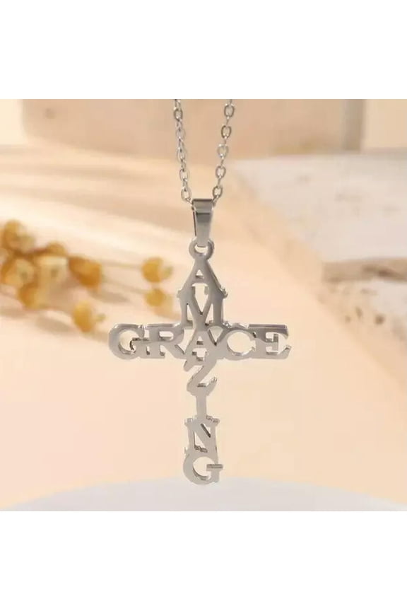 Stainless Steel Amazing Grace Cross Necklace - Silver, Christian Faith, Church