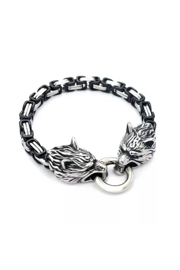 Stainless Steel Black Silver Viking Fenrir Wolf Head Byzantine Bracelet Chain