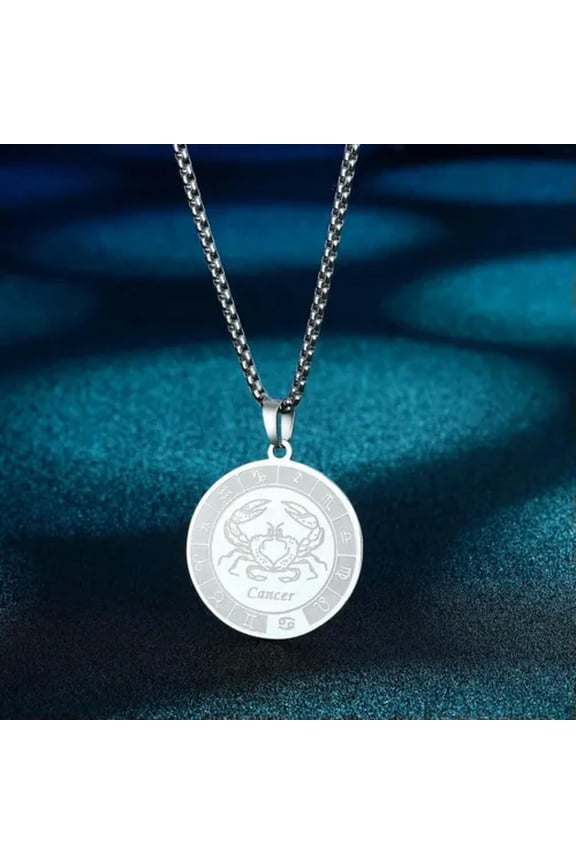 Stainless Steel Constellation Horoscope 12 Zodiac Sign Pendant Necklace Chain-Cancer Silver