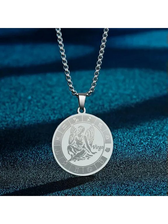 Stainless Steel Constellation Horoscope 12 Zodiac Sign Pendant Necklace Chain-Virgo Silver