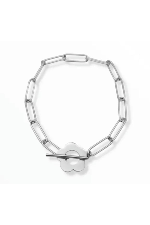 Stainless Steel Daisy Flower Bracelet With Paperclip Link And T Bar Lock-White