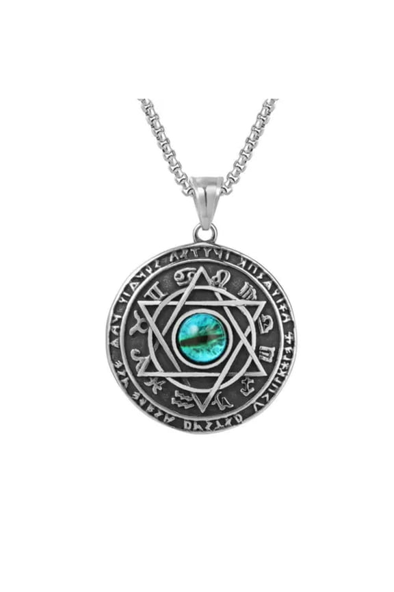 Stainless Steel Evil Eye 6 Point Star Hexagram Occult Necklace Pendant-Blue