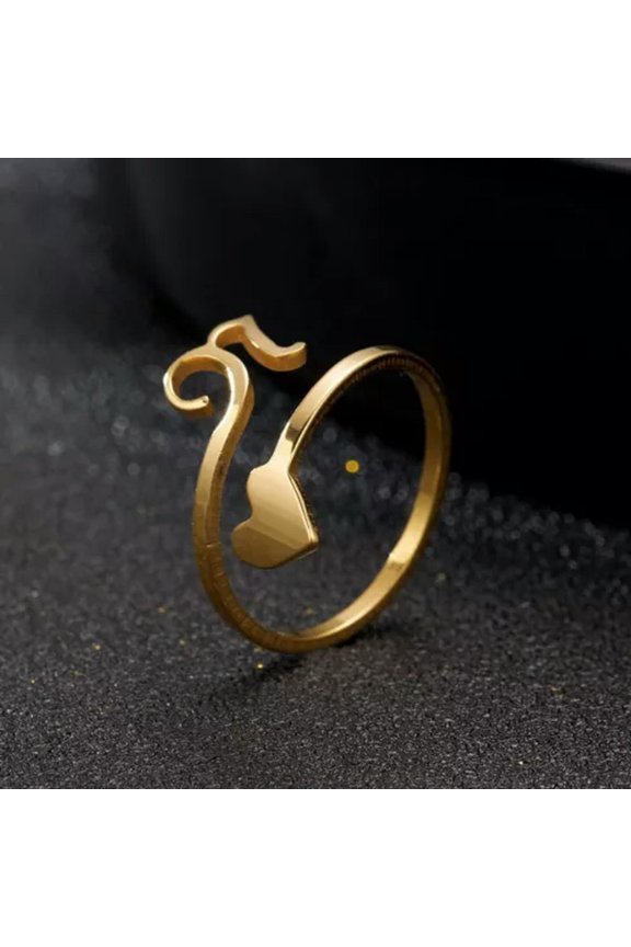 Stainless Steel Heart 26 A-Z Initial Letters Open Ring Adjustable Women Party-Gold N