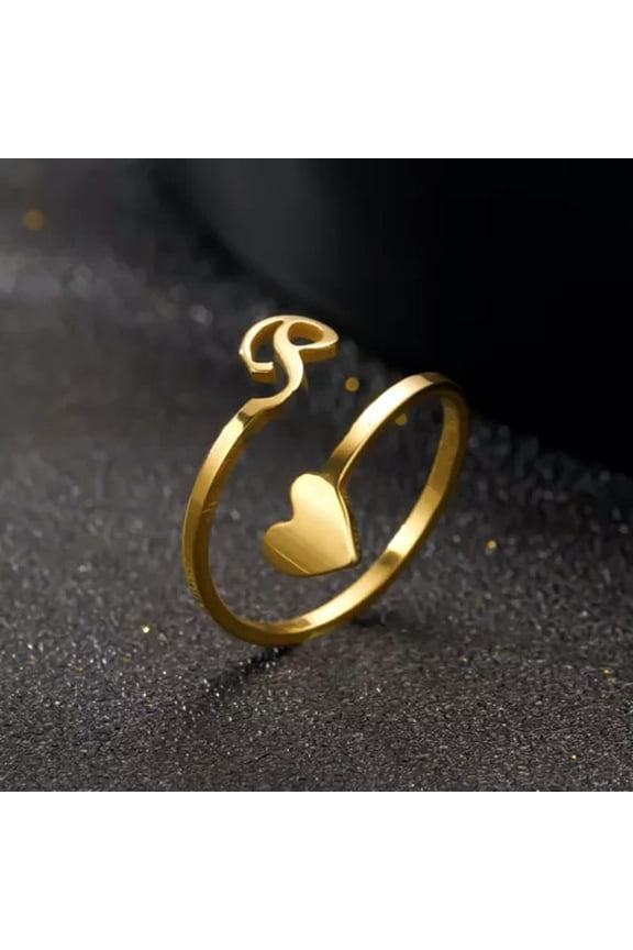 Stainless Steel Heart 26 A-Z Initial Letters Open Ring Adjustable Women Jewelry-Gold P