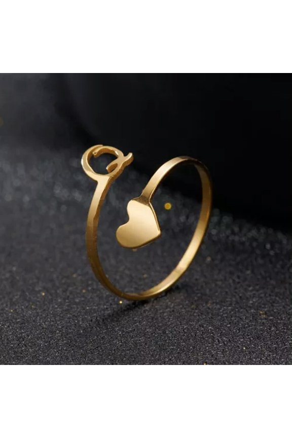 Stainless Steel Heart 26 A-Z Initial Letters Open Ring Adjustable Women Party-Gold Q