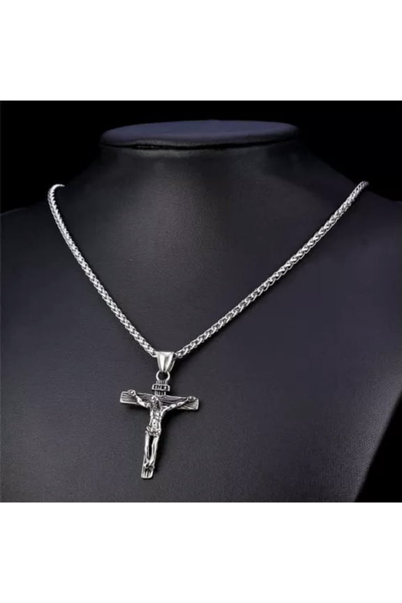 Stainless Steel Jesus Christ Crucifix Cross Pendant Chain Men Necklace