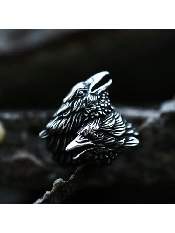 Stainless Steel Mens Biker Viking Odin Crow Bird Raven Ring Men Size 7-13-8