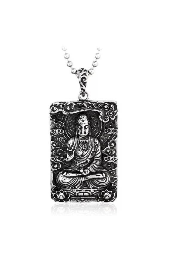 Stainless Steel Mens Thai Tibetan Large Amulet Buddha Pendant Necklace