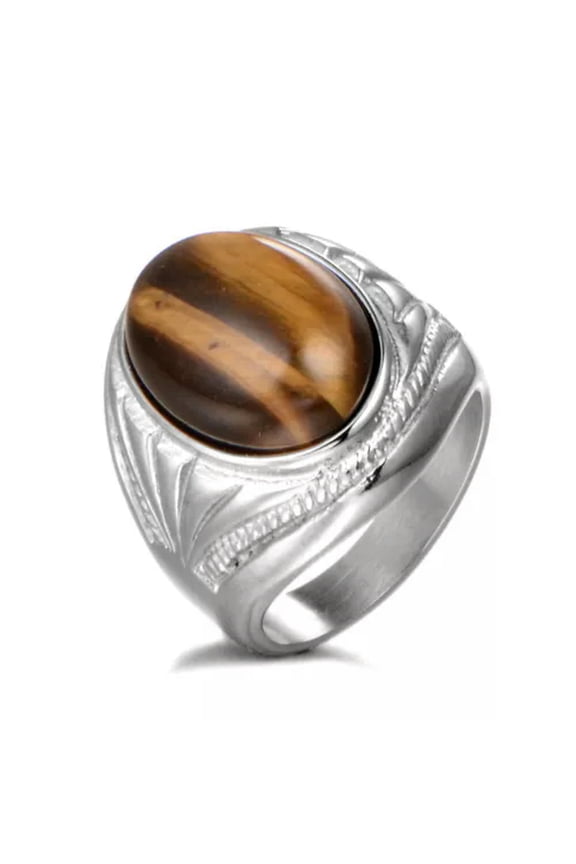 Stainless Steel Natural Oval Tiger Eye Stone Ring Men Gold & Silver Size 7-13-9-Silver