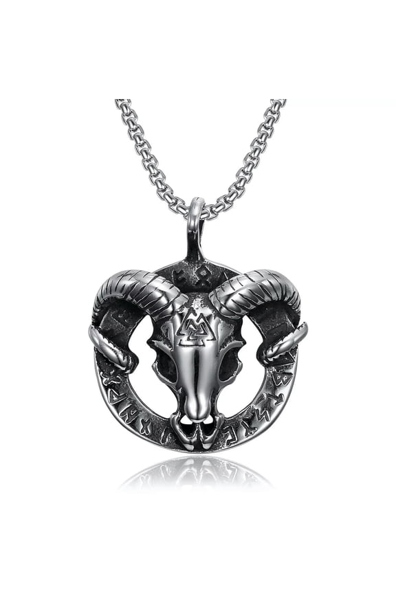 Stainless Steel Norse Nordic Viking Valknut Odin Goat Head Rune Pendant Necklace