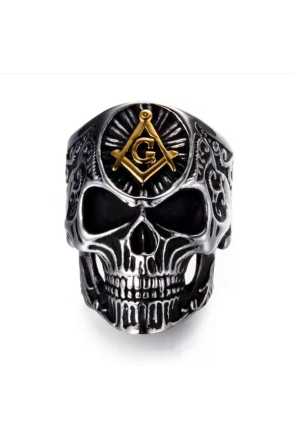 Stainless Steel Punk Biker Mens Masonic Skull Ring For Men Size 7-14-7-Gold