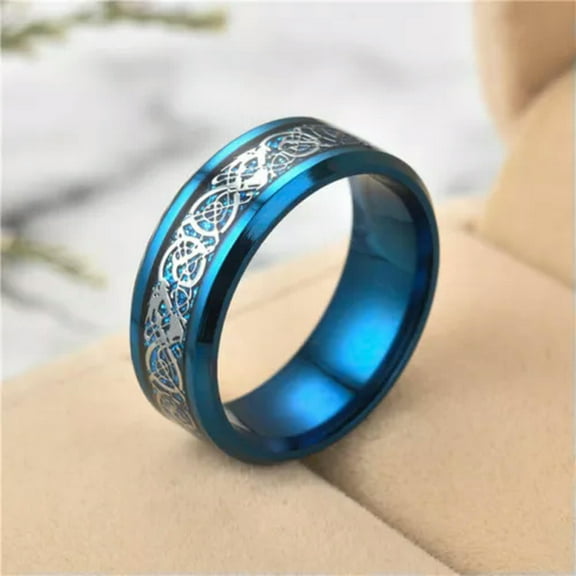 GKNET 8mm Silvering Dragon Inlay Comfort Fit Stainless Steel Men Delicate Jewelry Wedding Ring-blue-11