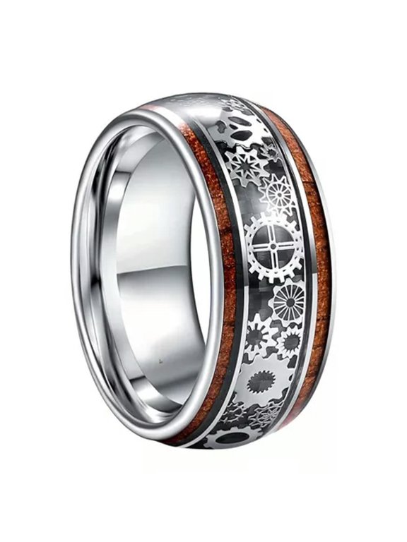 Stainless Steel Ring Mechanical Gear Wood Grain Steam Age Punk Men Delicate Jewelry Gift-01#Gear wheel Wood-10
