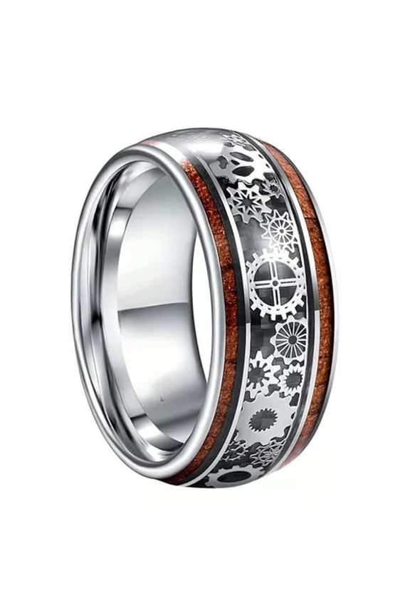 Stainless Steel Ring Mechanical Gear Wood Grain Steam Age Punk Men Delicate Jewelry Gift-01#Gear wheel Wood-9