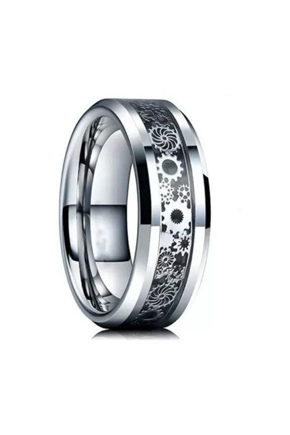 Stainless Steel Ring Mechanical Gear Wood Grain Steam Age Punk Men Delicate Jewelry Gift-04#Silver black Gear wheel-10