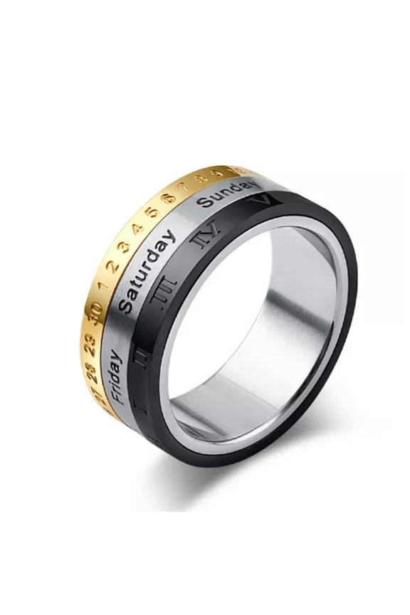 Stainless Steel Rotatable Calendar Time Band Ring Size 7-12-11-Gold